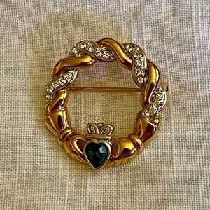 Irish Claddagh Pin/Brooch with Emerald Rhinestone